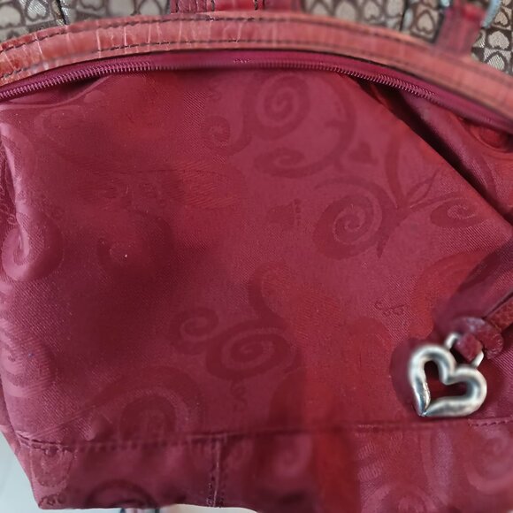 💥 LIKE NEW💥GORGEOUS BRIGHTON RED LEATHER BROWN SIGNATURE CANVAS HOBO BAG - Picture 7 of 8